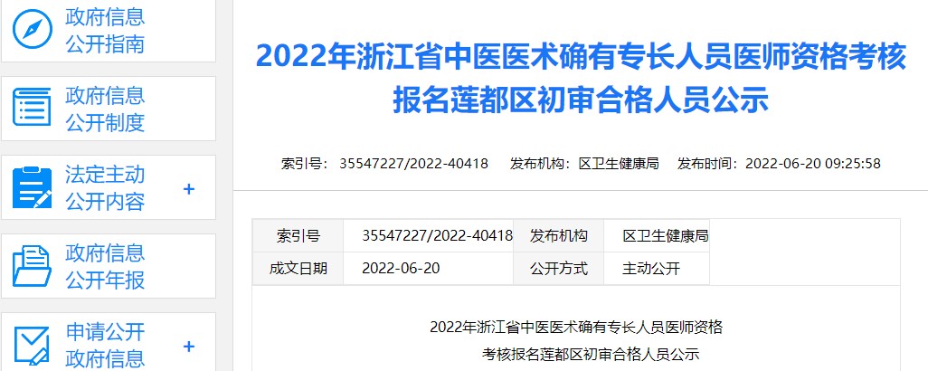 2022年浙江省中医医术确有专长人员医师资格考核报名莲都区初审合格人员公示