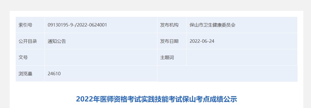 2022年中医执业助理医师资格考试实践技能考试保山考点成绩公示