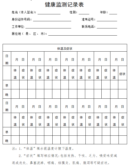 陕西考区2022年公卫医师笔试考前健康监测记录表下载