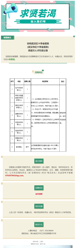 武汉市红十字会医院招聘学科带头人7人及医学博士若干