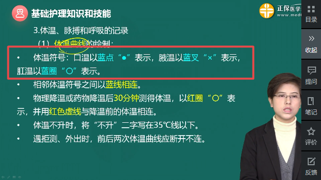 护士在体温单上绘制肛温的符号