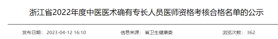 浙江省2022年度中医医术确有专长人员医师资格考核合格名单的公示