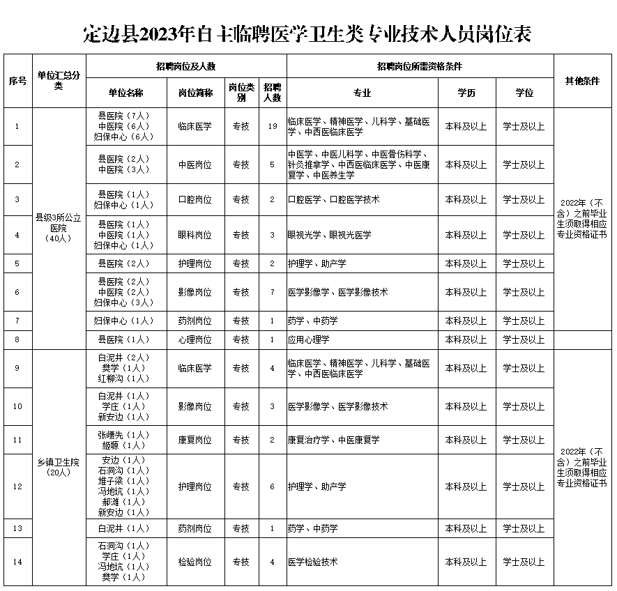 陕西省榆林市定边县2023年临聘医学卫生类专业技术人员60名