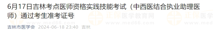 6月17日吉林考点医师资格实践技能考试（中西医结合执业助理医师）通过考生准考证号