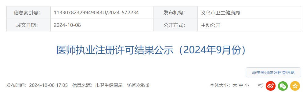 浙江义乌市医师执业注册许可结果公示（2024年9月份）